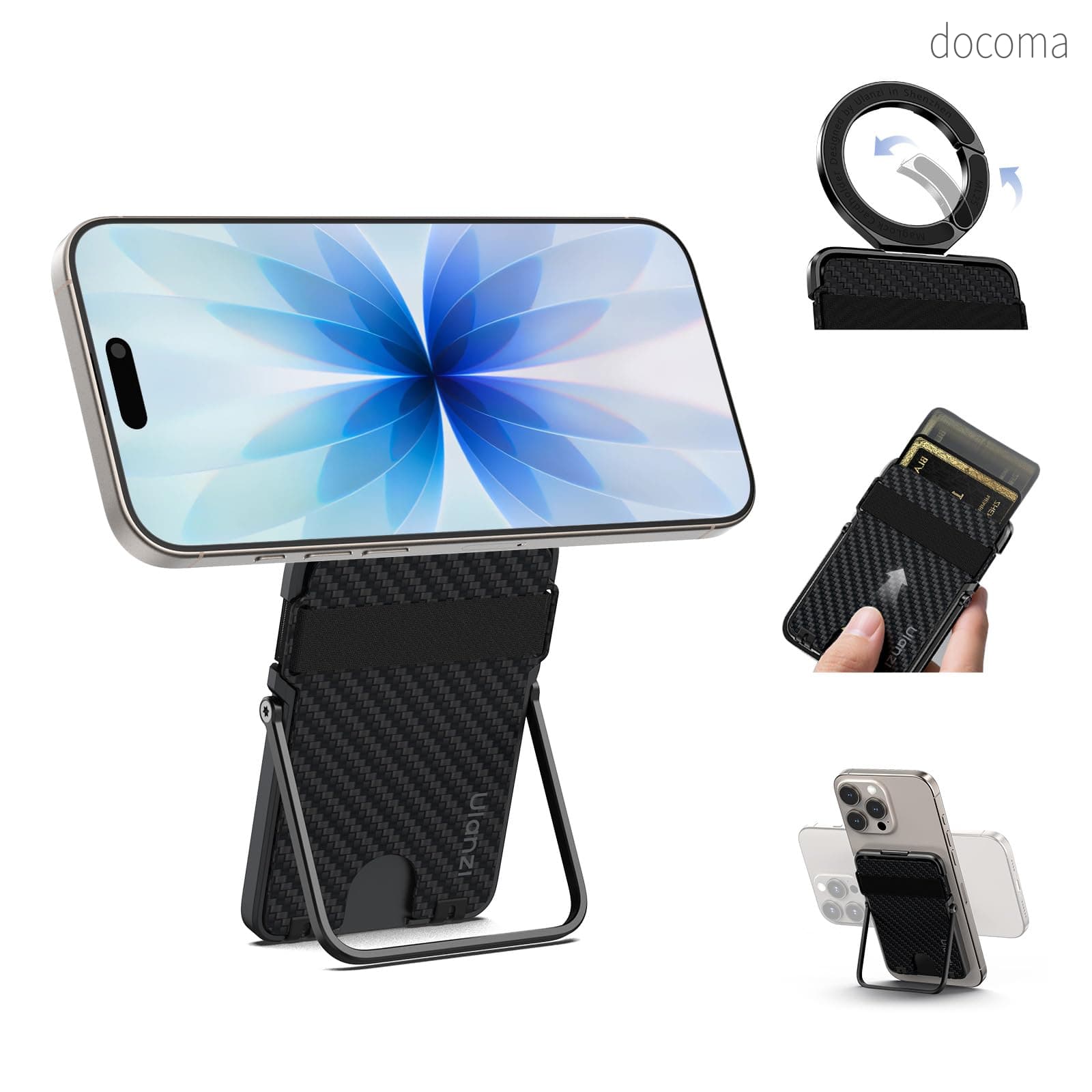 樂天商城 - 【送料無料】ML25 スマホスタンド カードケース付き Magsafe対応 多機能カードケース＆スタンド カーボンファイバー製 携帯スタンド 両面マグネット 超?磁力 超薄型軽量 折りたたみ式 角度調整可能 金属リング付き に対応 自撮り/ウェブ会議/生放送/撮影録画/動画鑑賞/旅行に