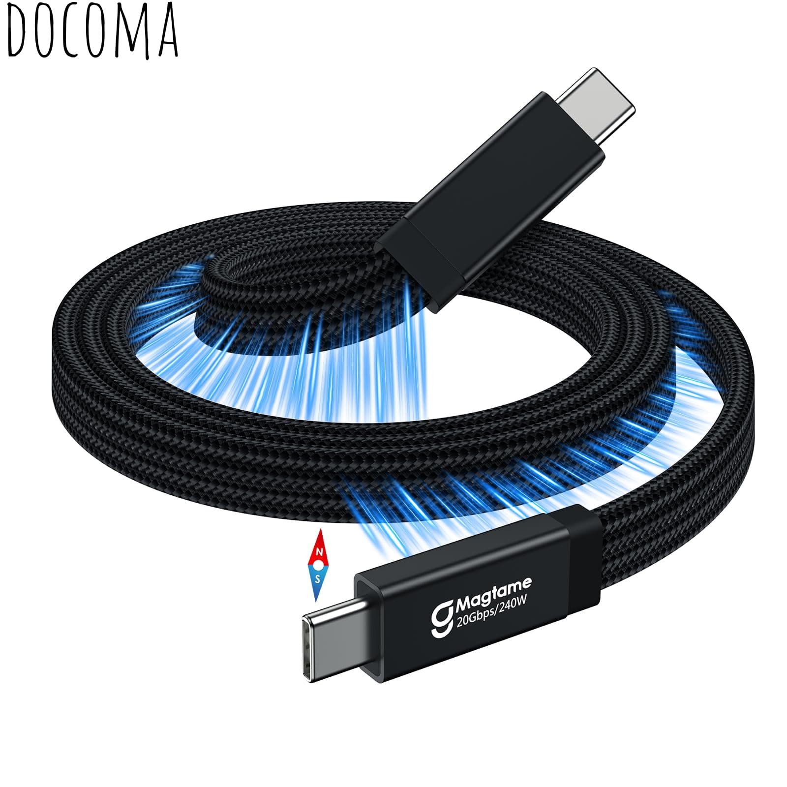 タイプcケーブル 磁気吸着 絡まり防止 240W/5A急速充電 フラット平形タイプ usbc-usbc_ケーブル 8K/60hz映像出力 Gen2x2/20Gpbs type-cケー_ブル iPhone15Pro/Max/Mac_Books/ドッキングステーション等適用(1M-ブラック)