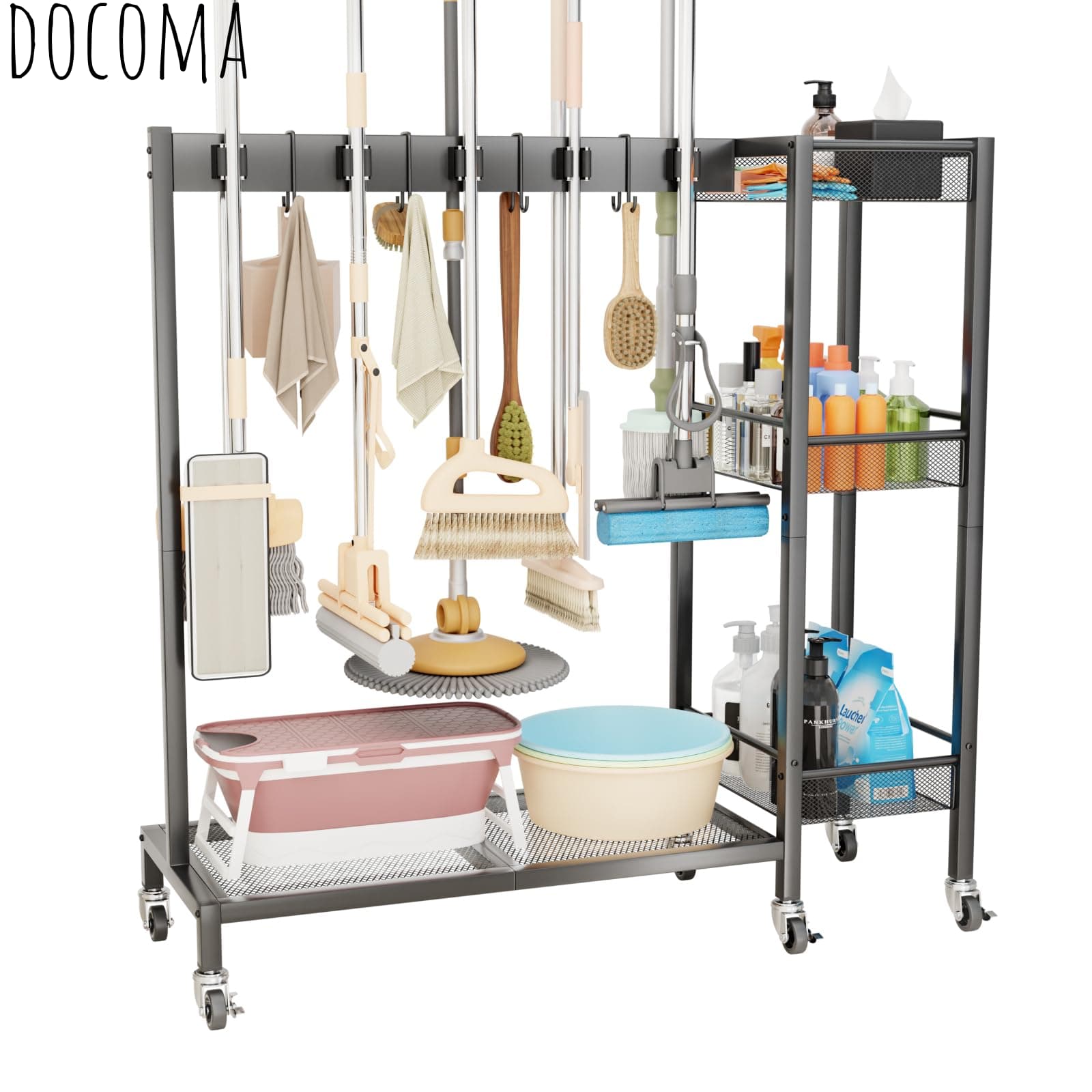 乐天商城 - 【送料無料】モップハンガー ほうきホルダー 掃除道具 可動式モップラック 耐荷重50kg 掃除用具入れ 大容量収納 最大10本 多機能 清掃用品収納ボックス付き 360度回転可能キャスター付き 隙間収納 3段 防錆対策 コンパクト 省スペース モップのほかにブラ