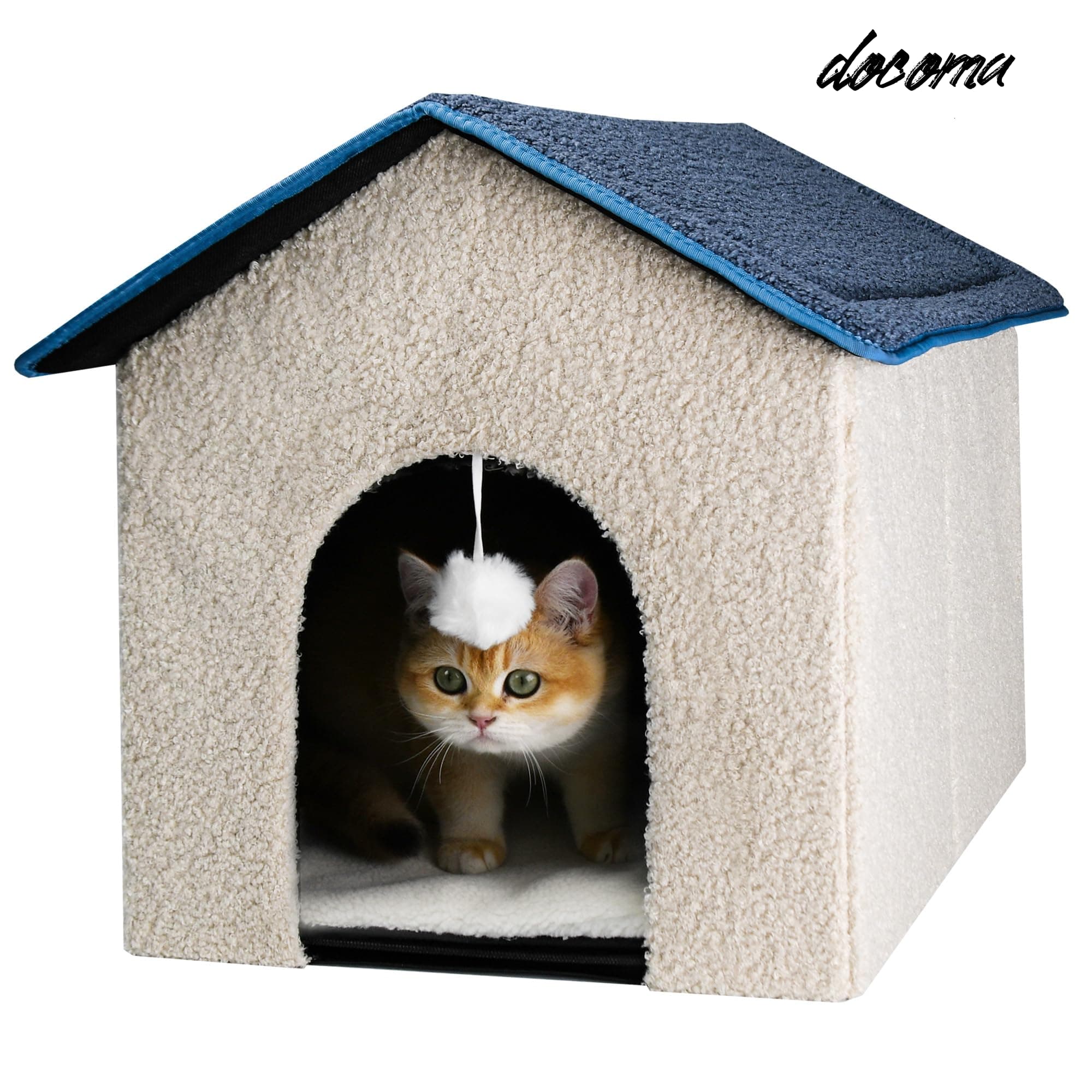 乐天商城 - 【送料無料】吊り下げボール付き ? コテージ風ペットベッド 48×45×44cm オフホワイト | 傾斜屋根＆アーチ型入口 室内子猫用