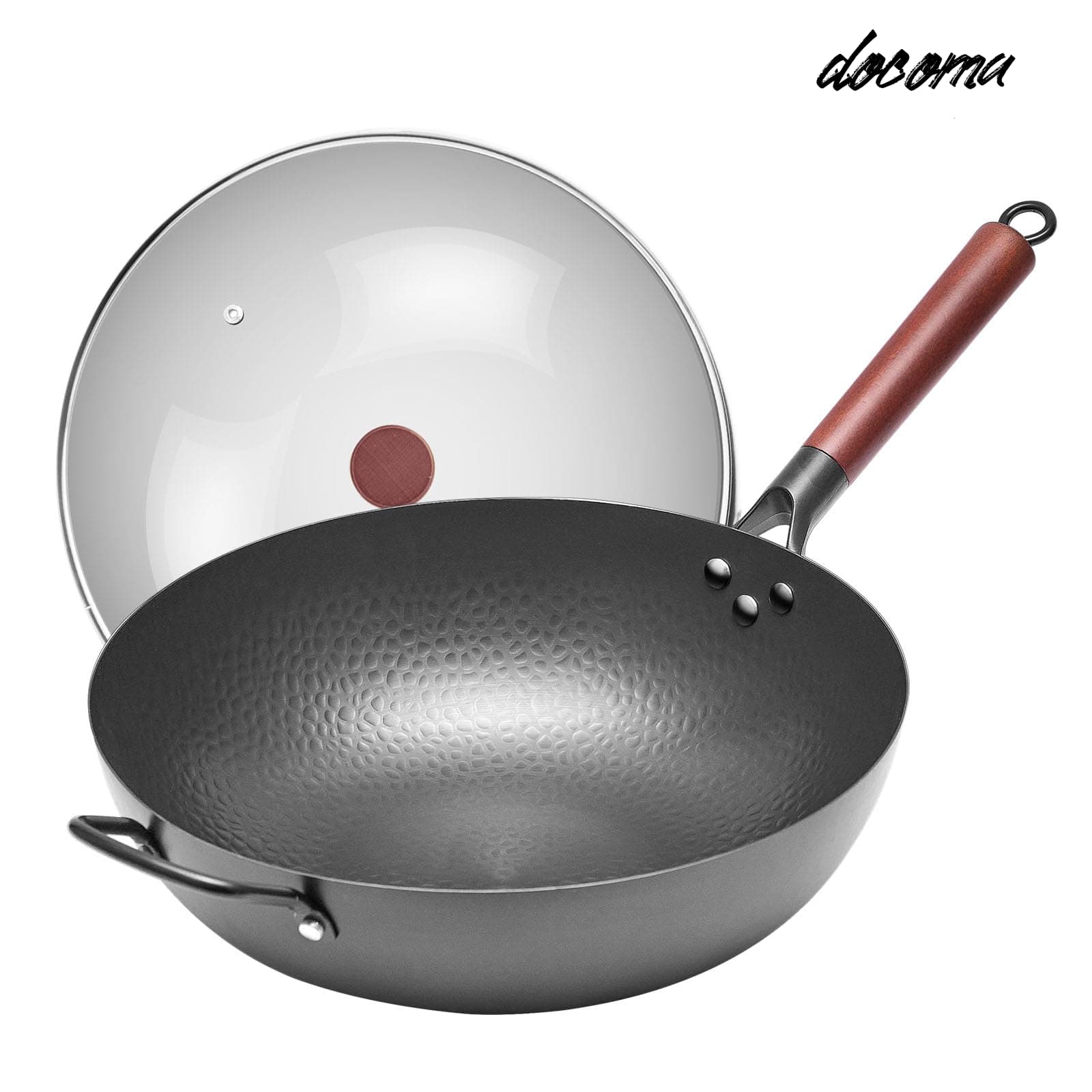 乐天商城 - 【送料無料】深型炒め鍋 窒化鉄フライパン 中華鍋 34cm 無塗装 IH ガラス蓋付き 木製ハンドル 凹凸加工 焦げ付き防止 防錆 平底なべ オール熱源対応 高温調理 家庭用