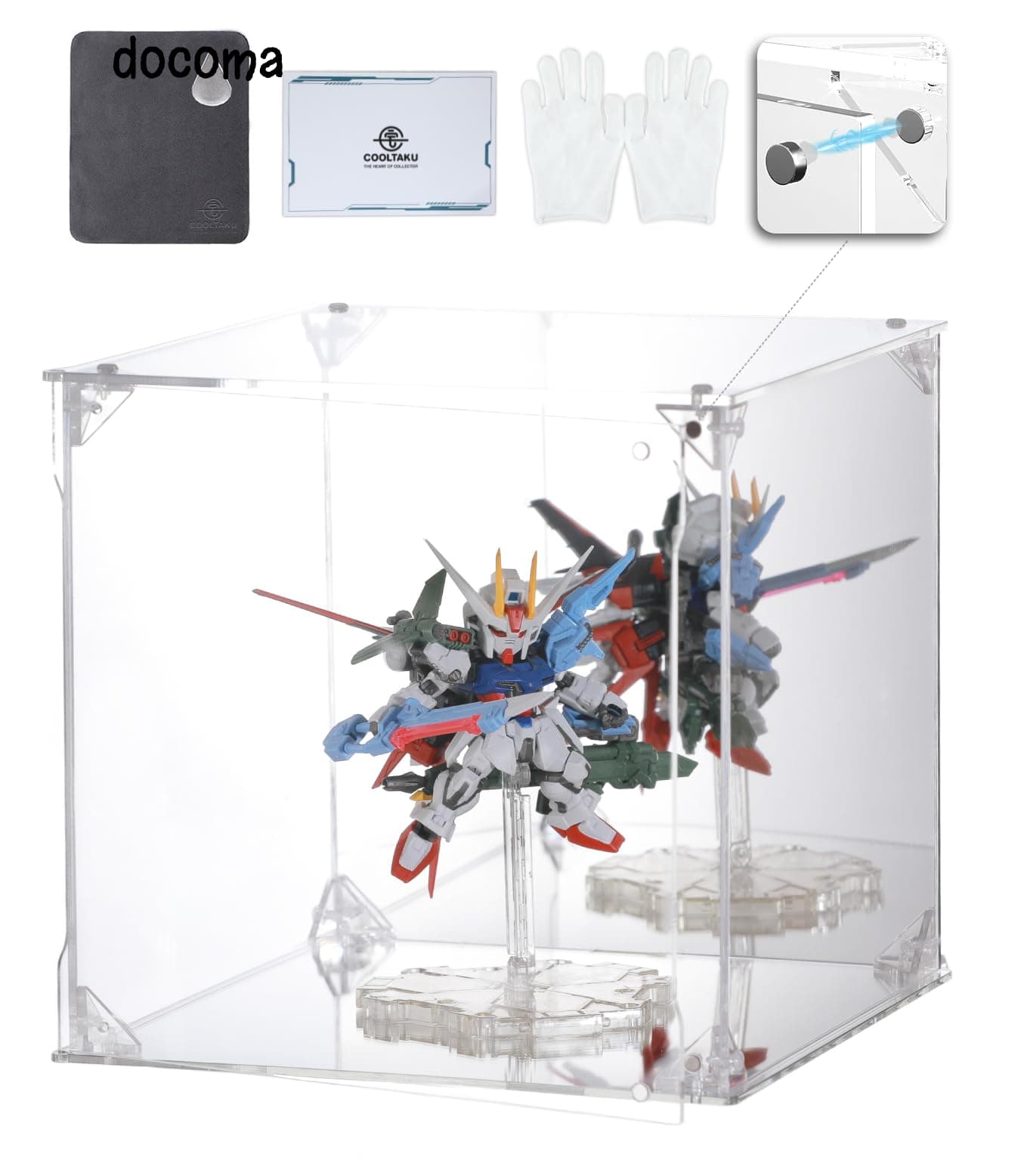Rakuten - 【送料無料】フィギュアケース アクリル UVカット 台座ミラー 背面ミラー マグネット式 磁石付き 前扉 積み重ね強化 コレクションケース より堅固 組み立て式 アクリルケース ディスプレイケース 防汚れ 手袋 クリーニング クロス付き 内寸 (幅20×奥行20