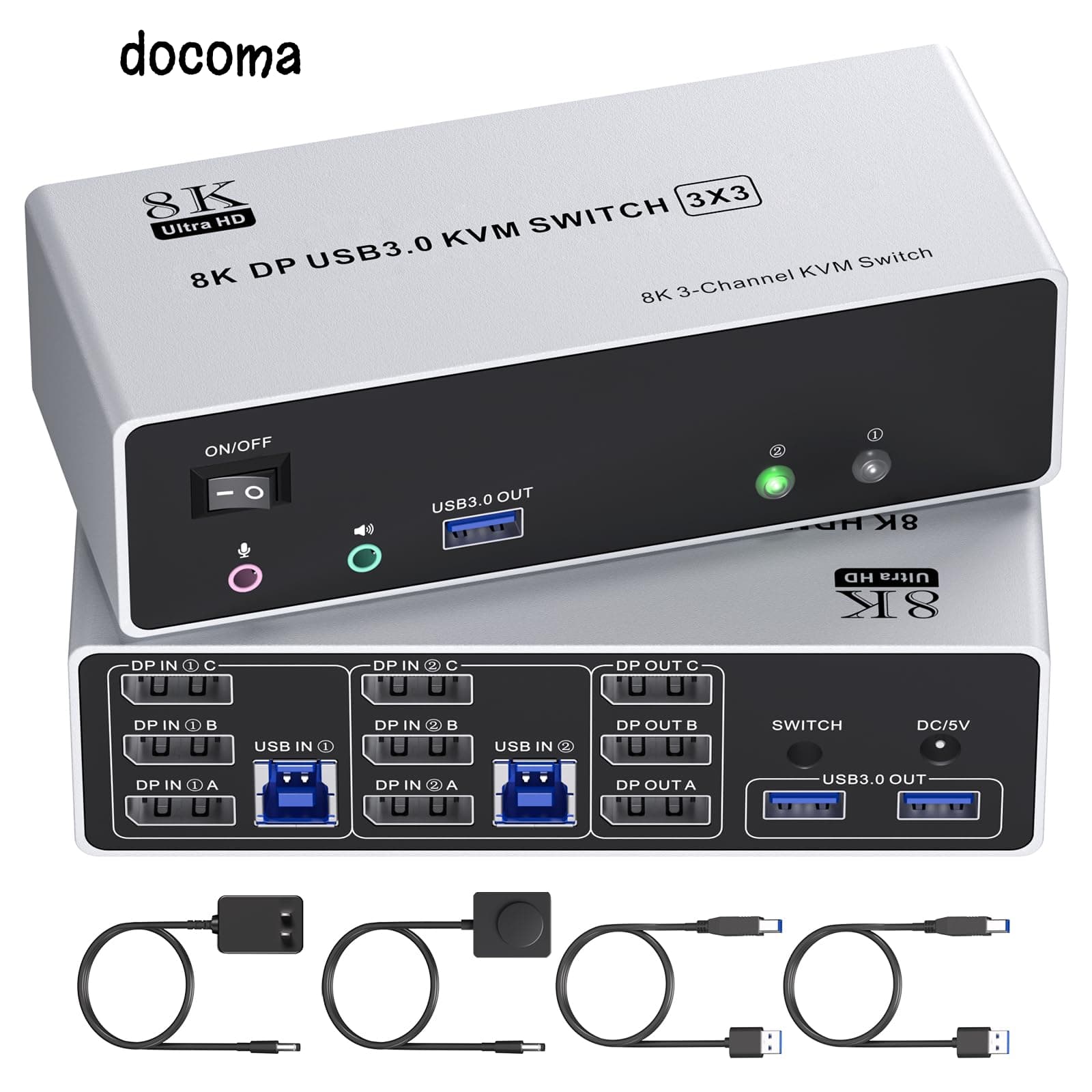 【送料無料】KVM 切替器 2 入力3 出力、8K@60Hz/4K@120Hz、ミラー/拡張モード 3 つの USB 3.0 ポート、KVMスイッチPC2台、モニター3台共有、キーボード マウスを2PCで共有、ハンドヘルド スイッチと USB ケーブルが付属