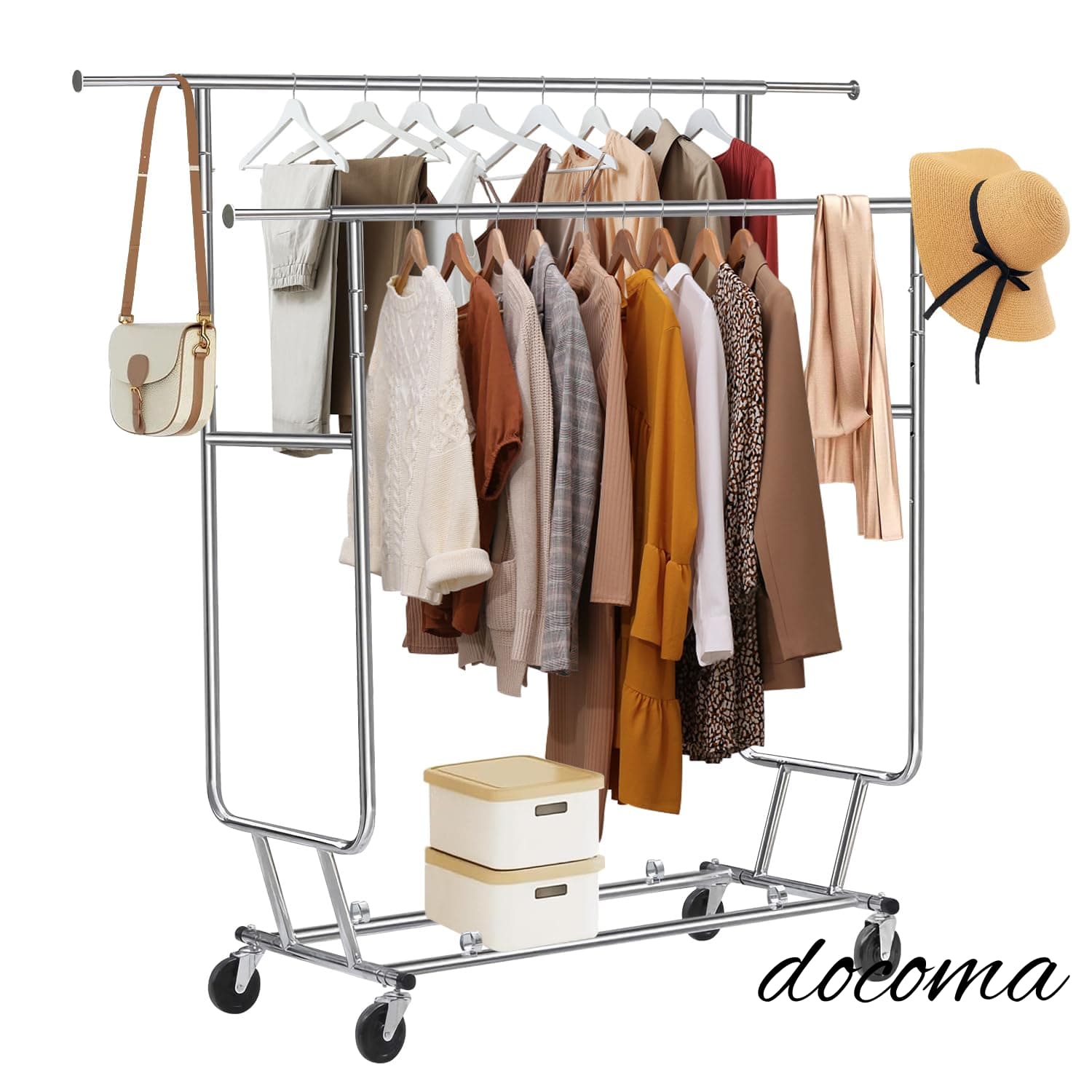 樂天商城 - 【送料無料】頑丈 2段 パイプハンガーラック 物干し スタンド 洋服ハンガー 大容量 洋服ラック たっぷり収納 耐荷重240KG 業務用 衣類ラック 高さ・縦横伸縮タイプ 幅130cm~190cm*高さ140cm~166cm*奥行55cm