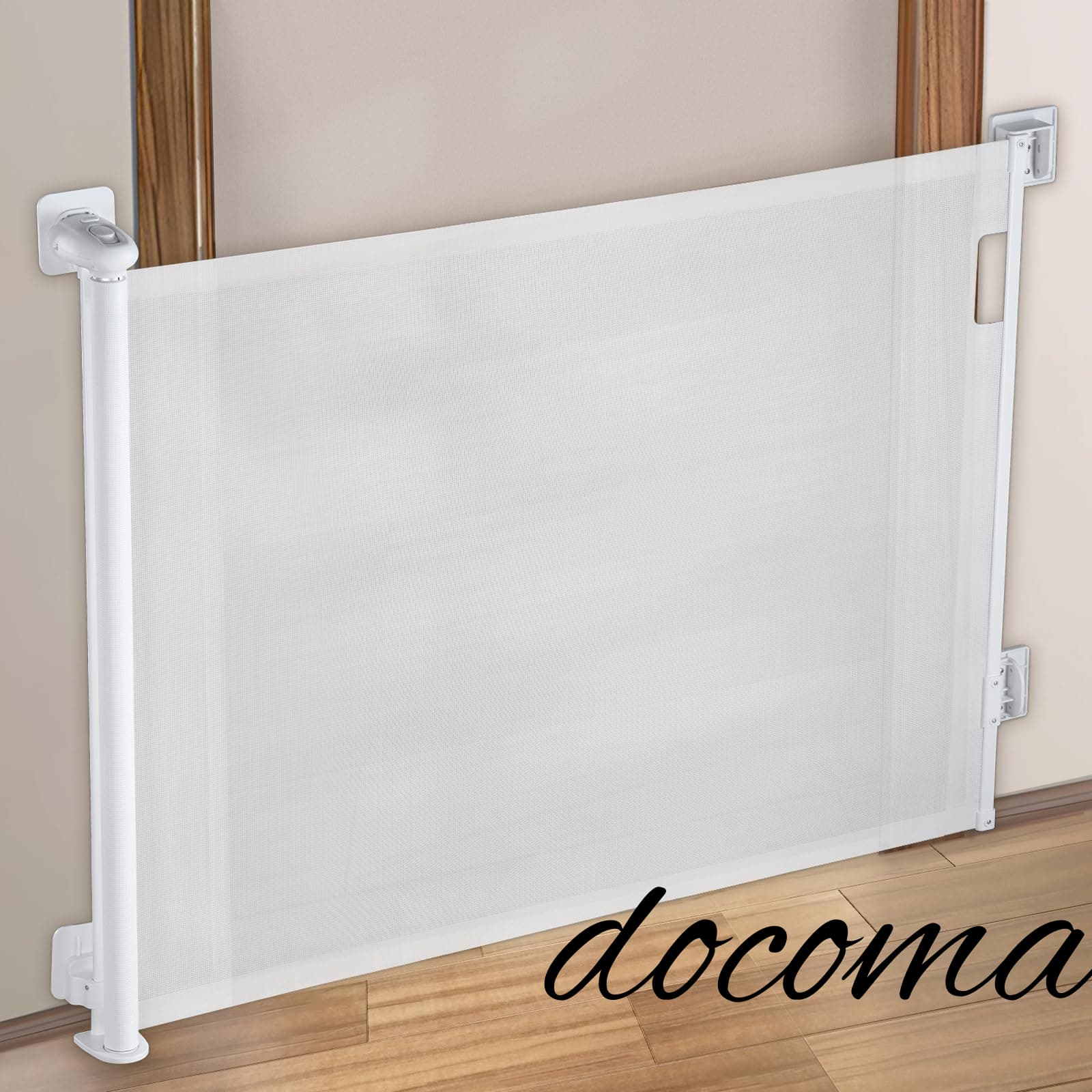 Rakuten - 【送料無料】ベビーゲート ロール 穴あけ不要 階段上 ペットゲート 幅210cm 高さ86cm 猫 赤ちゃん ベビーフェンス 巻き取り式 穴開けない 室内 玄関 台所 日本語の説明書付き (白い色 最大幅210cm)