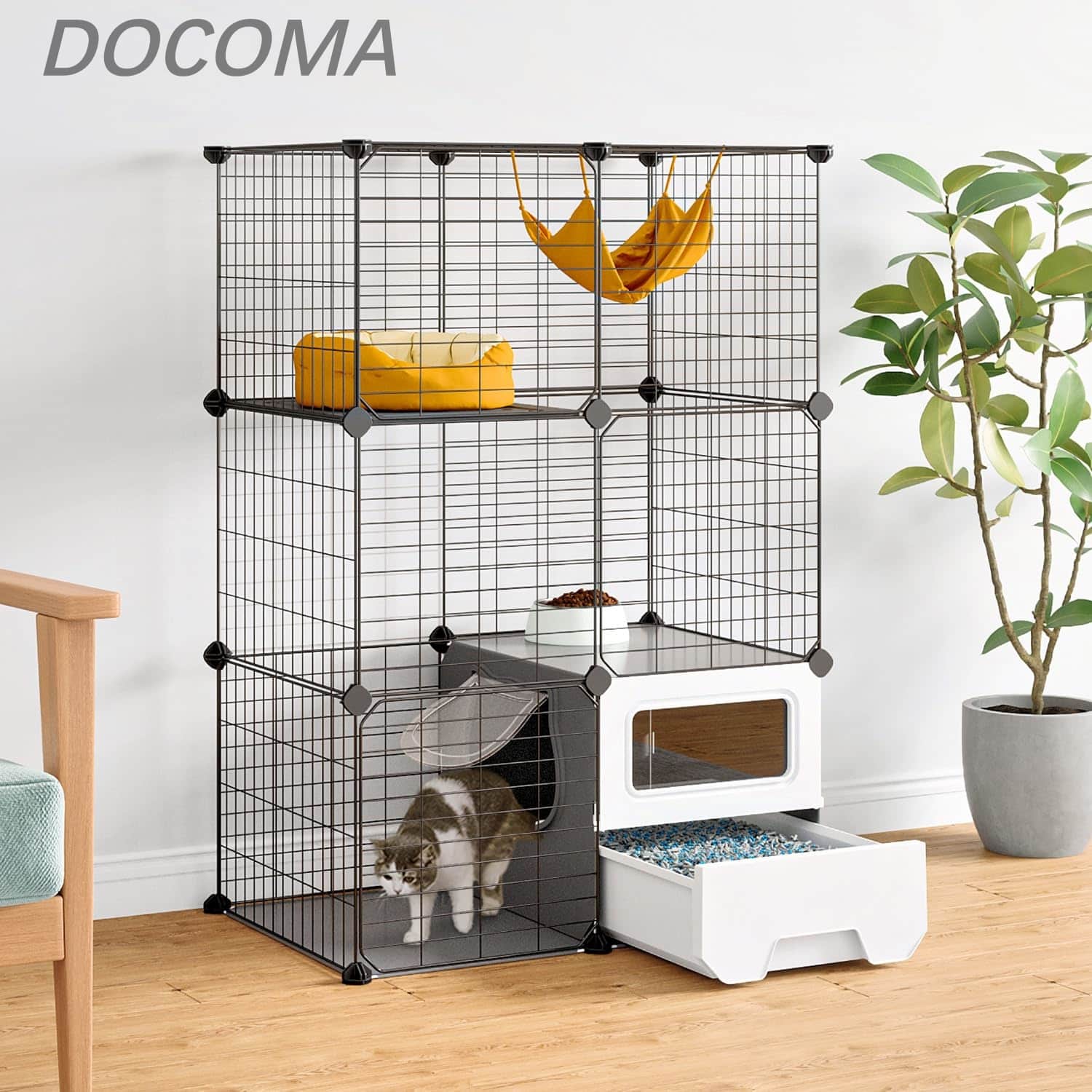 Rakuten - 【送料無料】猫 ケージ トイレ付き トイレ一体型 防臭 飛散軽減 2段 子猫 スリム 組立簡単 猫用ケージ 掃除しやすい コンパクト 脱走防止 保護用 室内用 日本語説明書付き ブラック 高さ108×幅72×奥行45cm