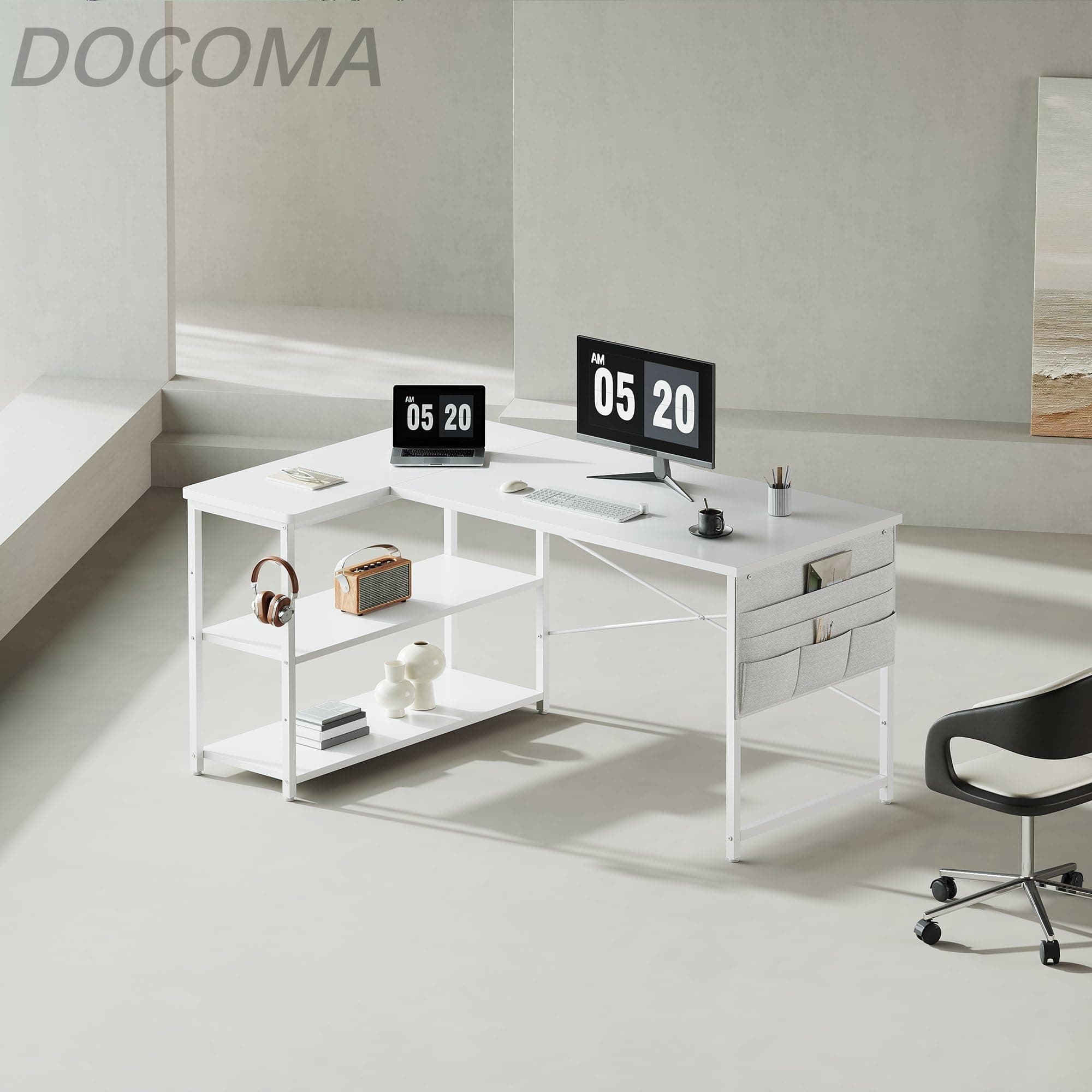 【送料無料】l字デスク ゲーミングデスク デスク 幅120cm pcデスク コーナーデスク 棚板高さ調節可能 収納袋付き L字型 PC 勉強机 作業 在宅勤務 リモートワーク ゲーム 書斎 収納ラック付き 白い docoma-10042401 ドゥコマ サンプル画像2