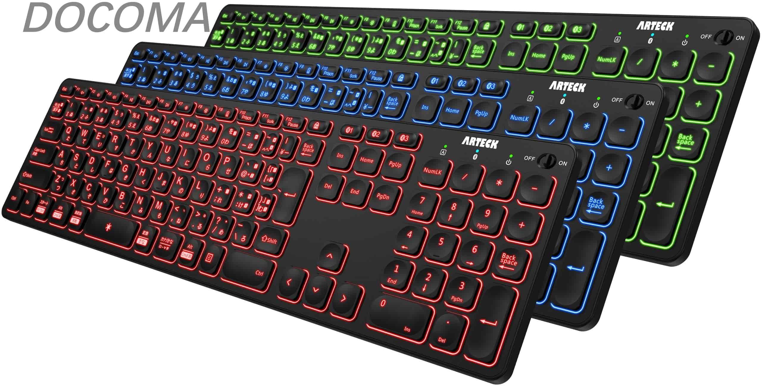 7色バックライト搭載 輝度調整可能 複数デバイス 無線 Bluetooth フルサイズ キーボード Windows、iOS、iPad OS、Android、コンピューター、デスクトップ、ラップトップ、Surface、タブレット、スマホとの交換性あり