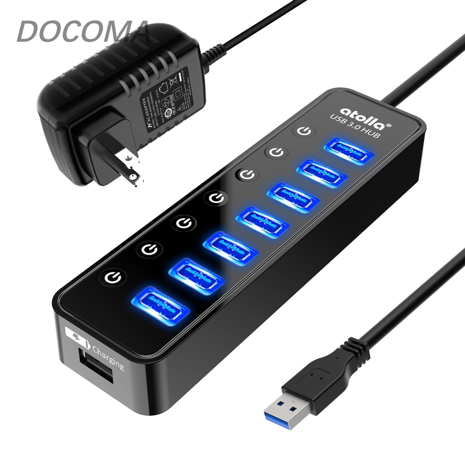 【送料無料】ハブ lla USB3.0 Hub 7ポート増設 + 1充電ポート USB拡張 セルフパワー/バスパワー 【USB 3.0 HUB 独立スイッチ付・5V/4A ACアダプタ付き・100cm USBケーブル