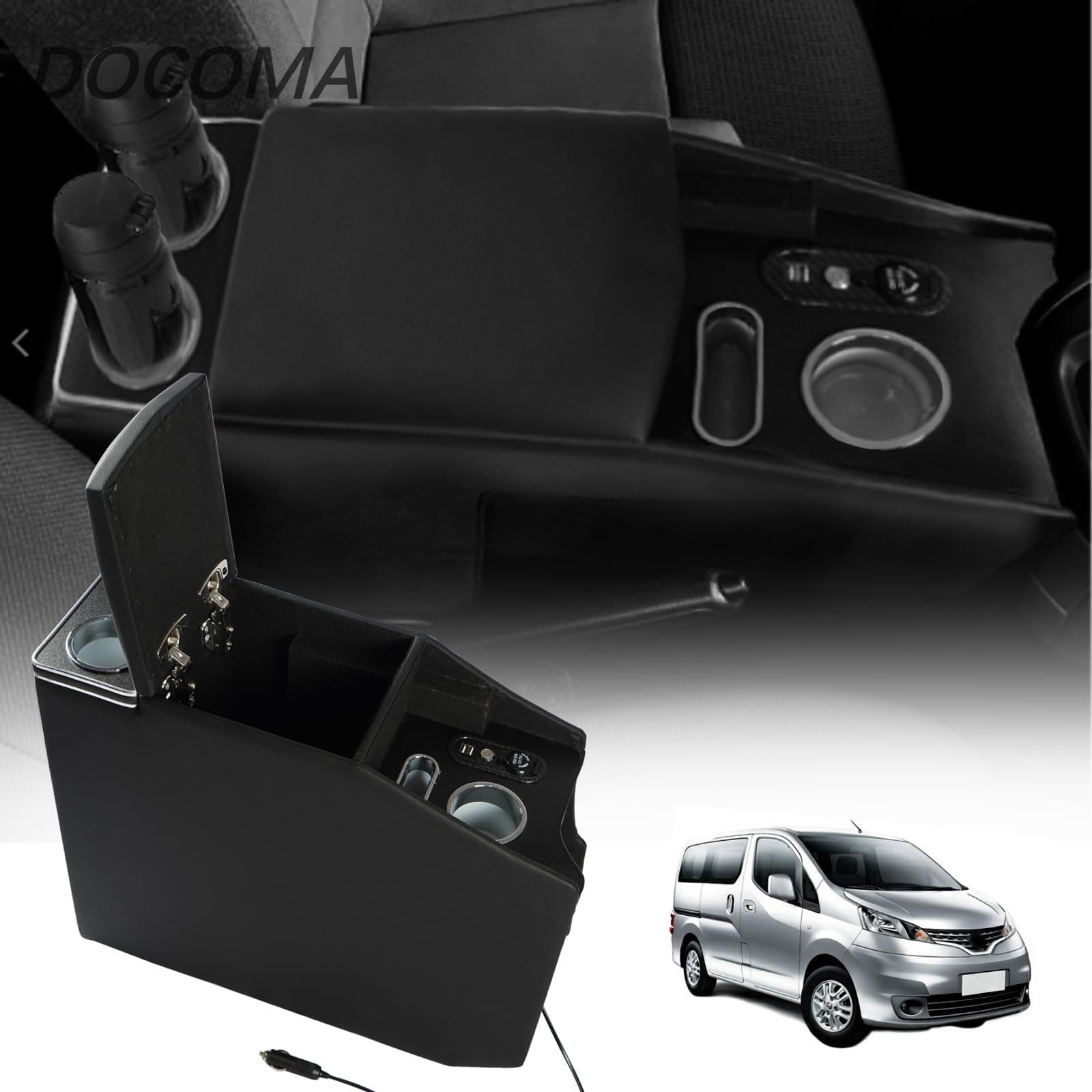 Rakuten - 【送料無料】コンソールボックス NV200 バネット アームレスト 日産適用 バン ワゴン GX/VX/DX NV200 VANETTE適用 センターコンソールボックス ドリンクホルダー スマートコンソール USBポート LED付き