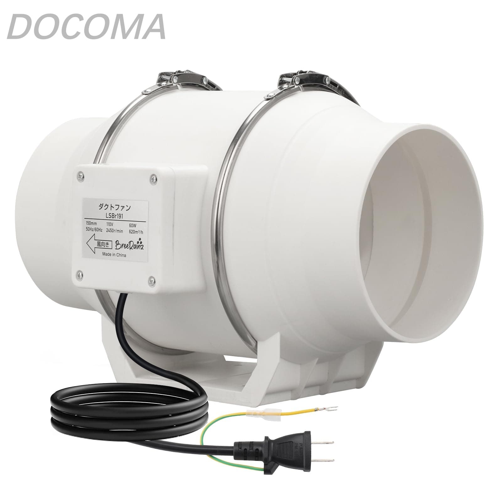 樂天商城 - 【送料無料】ダクトファン Φ150mm 強力 ダクト用換気扇 風量620m3/h 大風量 省エネ 低騒音 排気ファン 中間取付 塗装ブース用 家焼肉 家庭用 業務用 排風機 丸形タイプ 110V 日本仕様電源プラグ (150mm)