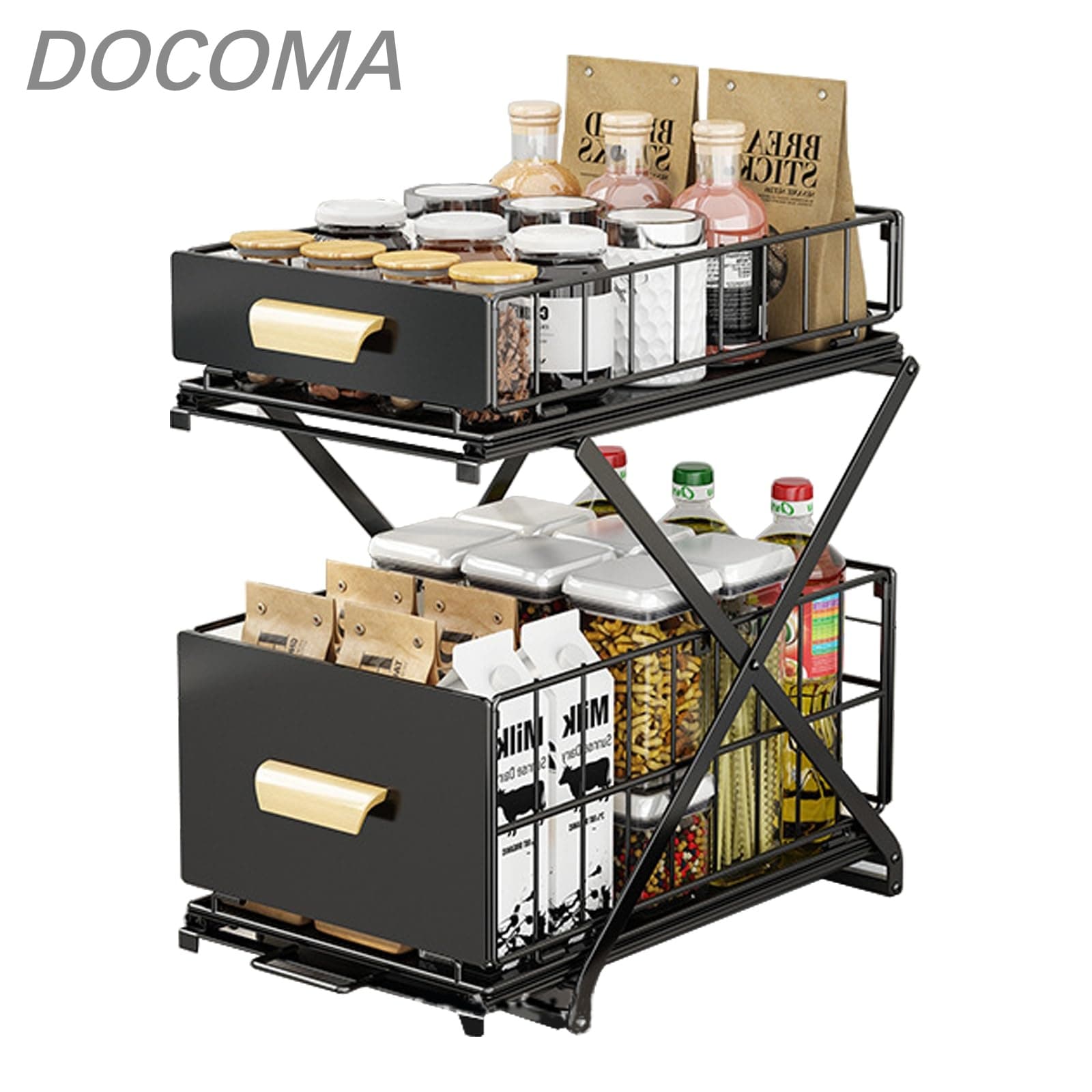 乐天商城 - 【送料無料】キッチン下収納 2段、シンク下 収納、洗面台下 収納、調味料ラック シンク上、 設置不要のキッチンシンク 幅26CM 奥行き40cm（ハンドル含む43.5cm） 高さ32.5-43.5CM 調味料収納ラック多機能オイルボトル引き出し収納アーティファクトキャビネット収納棚（ブラッ