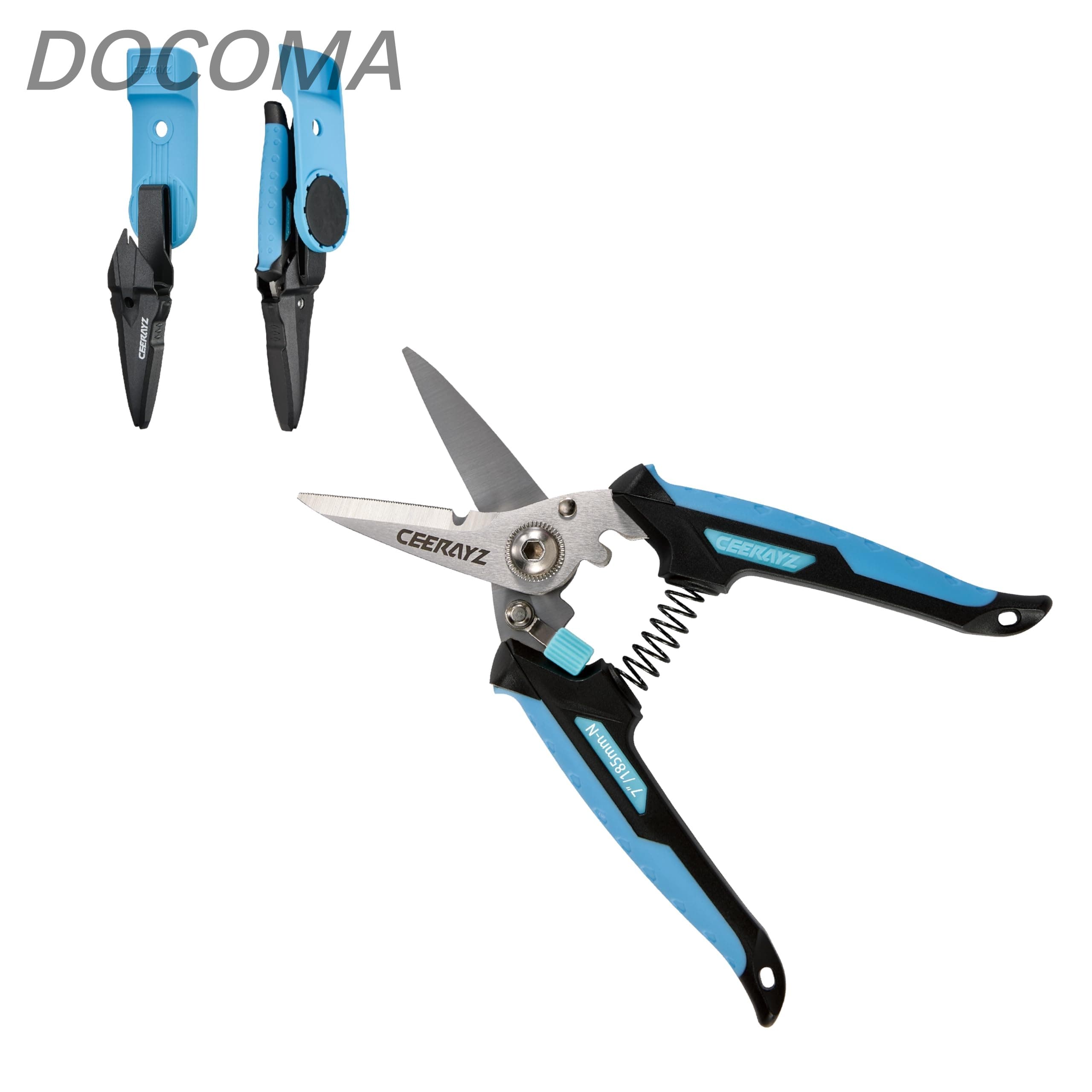 Rakuten - 【送料無料】ハサミ 185mm ノッチ 多目的重作業用 420日本製ステンレス鋼採用 工業用ハサミ 万能ハサミ 金属加工 剪定 ガーデニング用 剪定用 保護シース＆磁気ホルダー付 - ブラックブルー