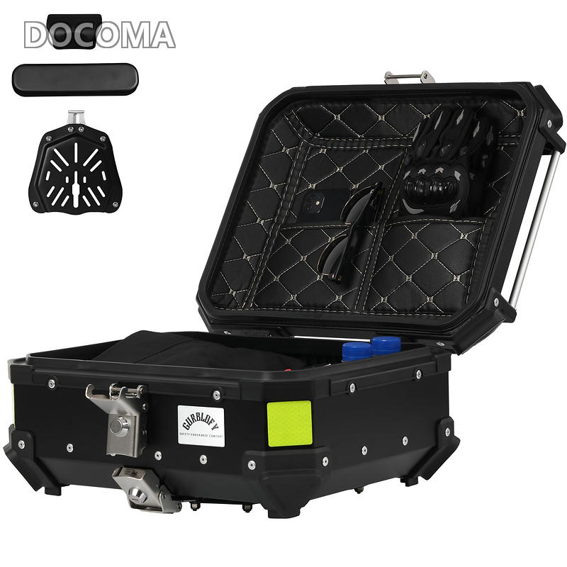 【送料無料】【25L】GURBLOFY バイクボックス トップケース アルミ製 防盜ロック 防水 防塵 ブラック 取り付けベース付属 バッククッション付き 簡単取り付け コンパクト GBTC-25BL-JP