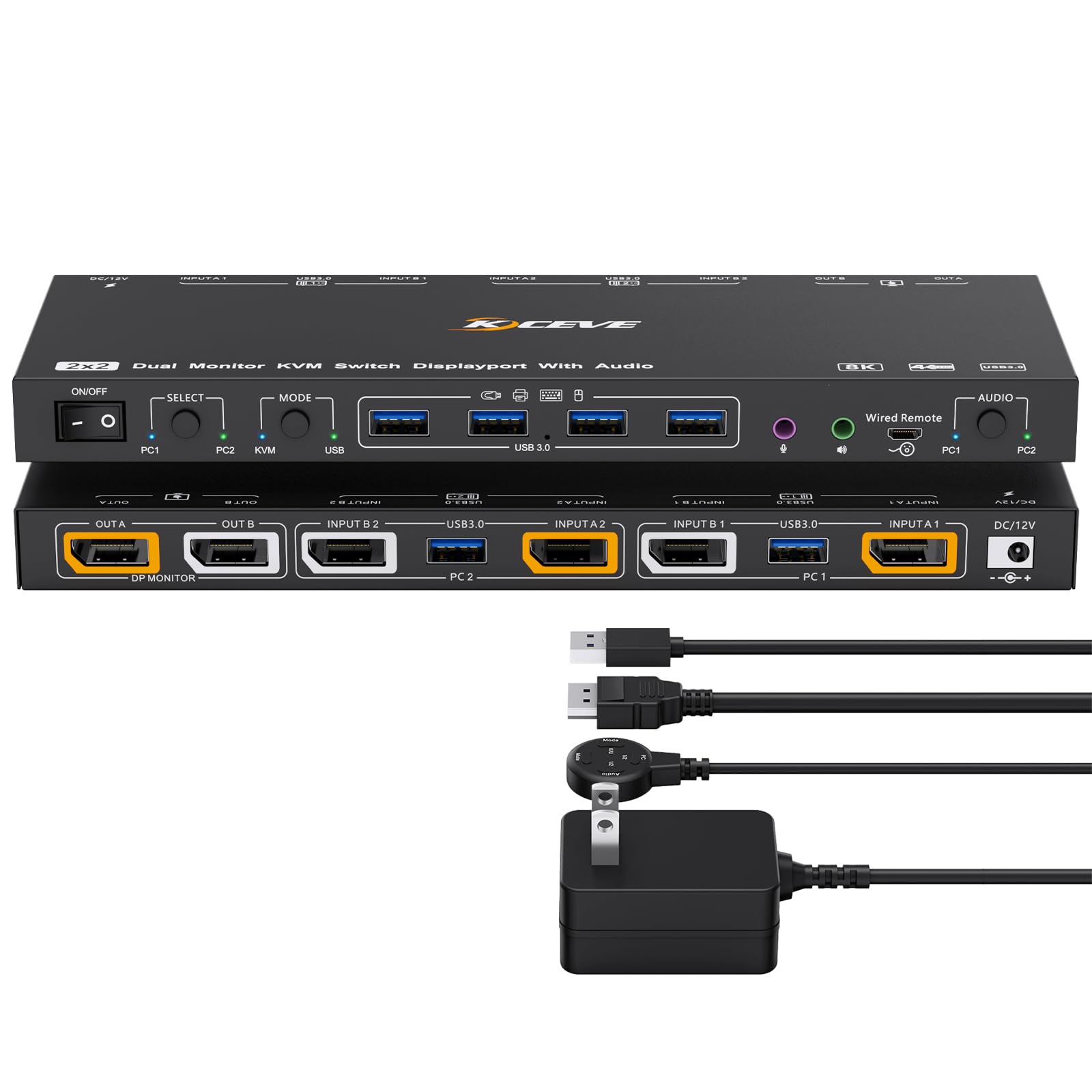 【送料無料】8K KVM スイッチ DisplayPort 新機能追加：KVM モード/USB モードに対応、2 台のコンピューターで 2 台のモニターを共有、オーディオおよびUSB 3.0ポートを備えた Displayport 切替器、有線リモコンと電源アダプターが付属