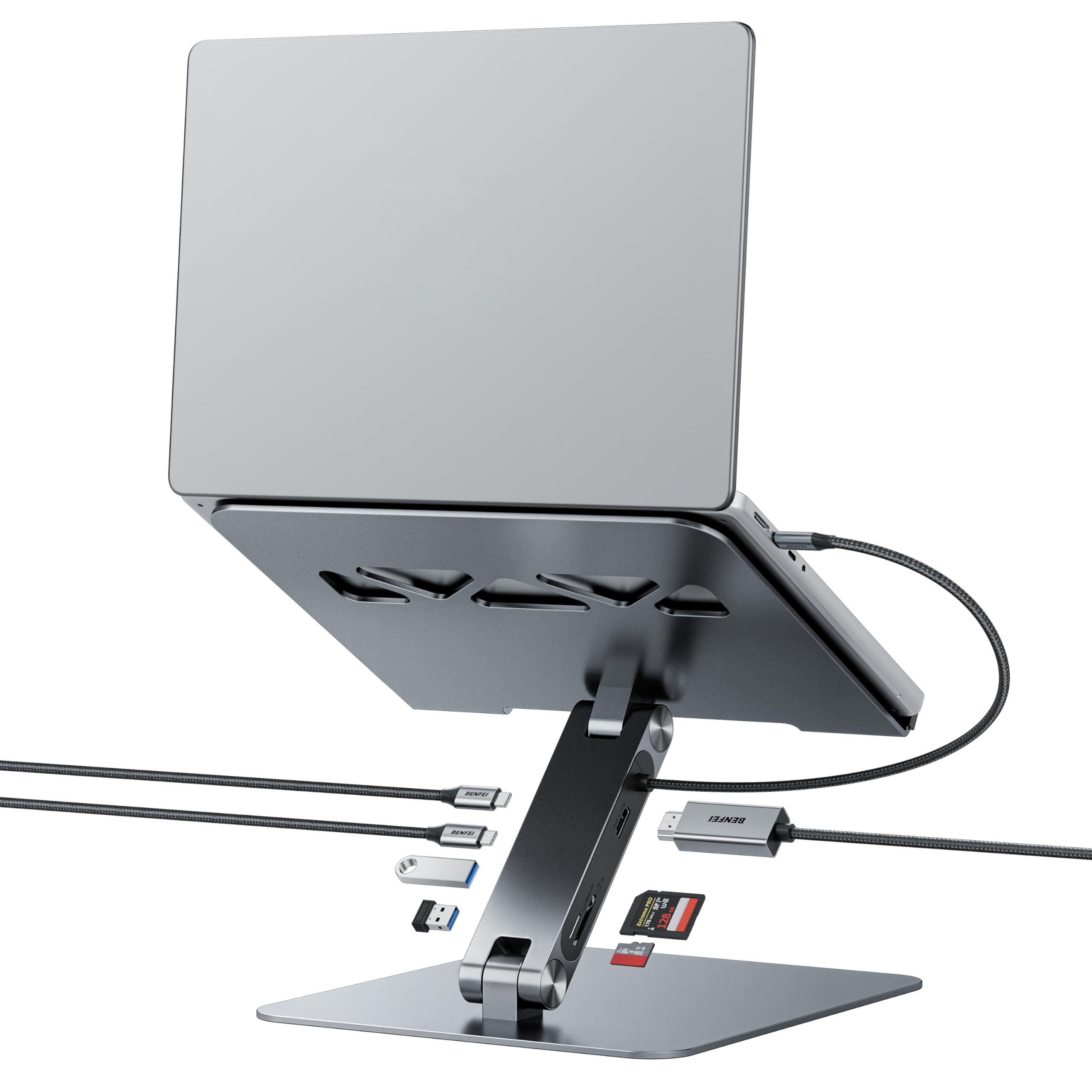 【送料無料】BENFEI ノートパソコンスタンド USB C 7in1 ドッキングステーション、HDMI 4K@60Hz、SD x 1、Micro SD x 1、100W 電源供給、10Gbps、USB C 3.2 x 1、USB A 3.2 x 2、MacBook Pro/Air、iPad Pro、XPS、Thinkpad 対応