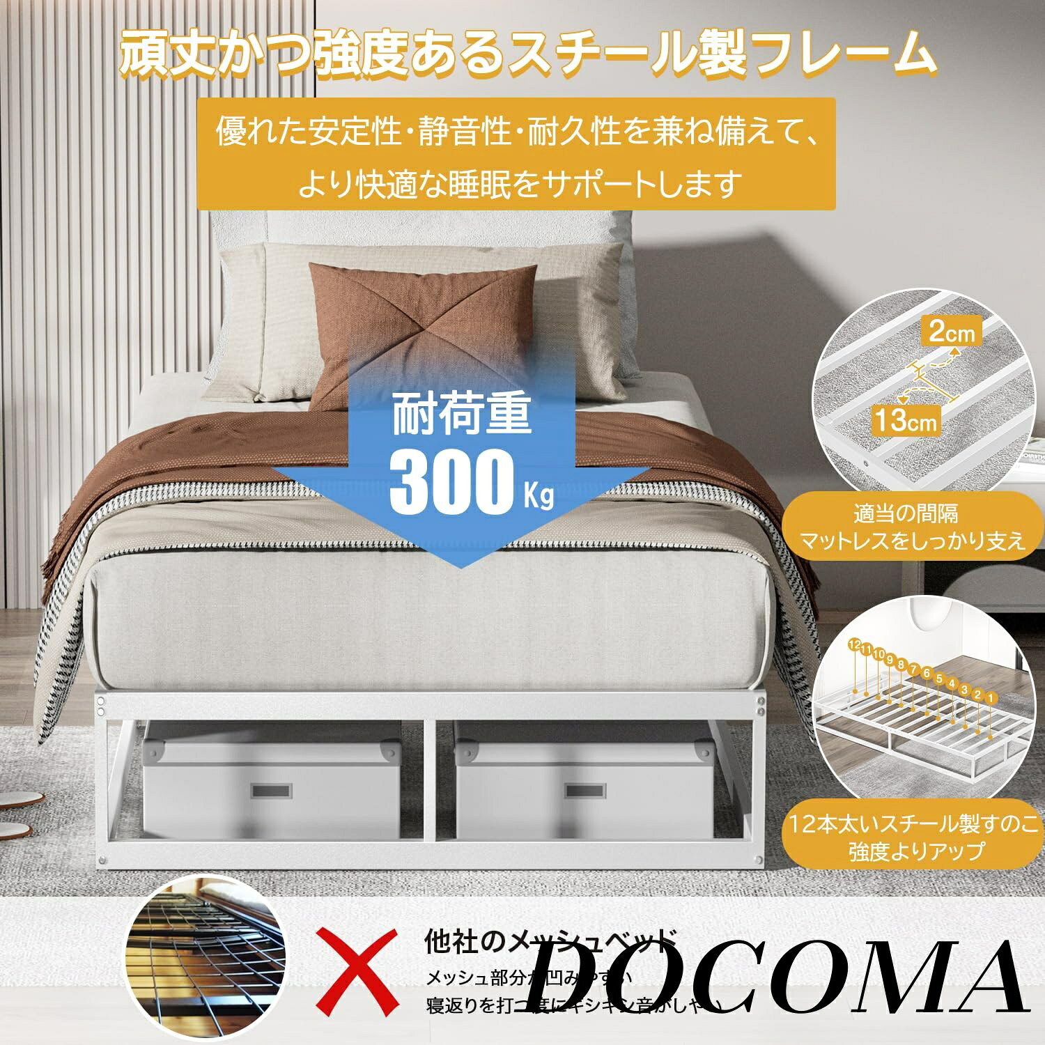 【まとめ買いで最大500円OFFクーポン!】【送料無料】セミダブルベッド メタル ベッドフレーム セミダブル パイプベッド 静音 すのこベッド 一人暮らし ロー ミドル ベッド ベッド下収納 頑丈通気耐久 ギシギシしない 組立簡単 工具付き 耐荷重300Kg 白 [3]