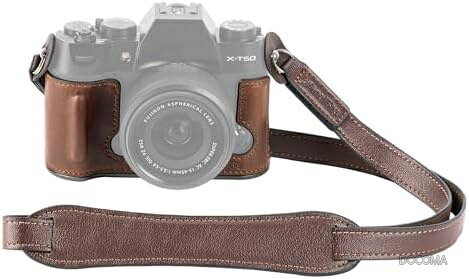 FUJIFILM X-T50 用 ハーフレザーケース ショルダーストラップ付き レトロ 本革 アルミ合金フレーム ブラウン