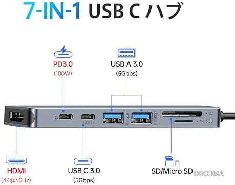【送料無料】USB C ハブ 7in1 タイプC 変換 HDMI 4K 60Hz USB3.0 高速転送 SD TFスロット PD100W 急速充電 MacBook Air Pro Surface ノートパソコン タブレット 多機能 コンパクト 軽量 持ち運び便利 リモートワーク 出張 docoma-10064951 ドゥコマ サンプル画像2
