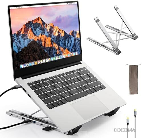 【送料無料】ノートPCスタンド ドッキングステーション一体型 USBハブ付き 9段階角度調整 人間工学設計 折りたたみ携帯型 在宅勤務オフィスリモートワーク用 4KHDMI出力 USB3.0 滑り止め安定 アルミ合金製 収納袋付属 デスク整理 docoma-10067905 ドゥコマ パッケージ画像