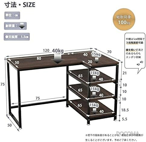 【送料無料】L字デスク 120cm パソコンデスク ワークデスク 勉強机 ラック付き 収納棚 左右入れ替え可 棚板高さ調節 モニターアーム対応 省スペース 書斎 在宅勤務 リモートワーク ウォルナット docoma-10066715 ドゥコマ サンプル画像2