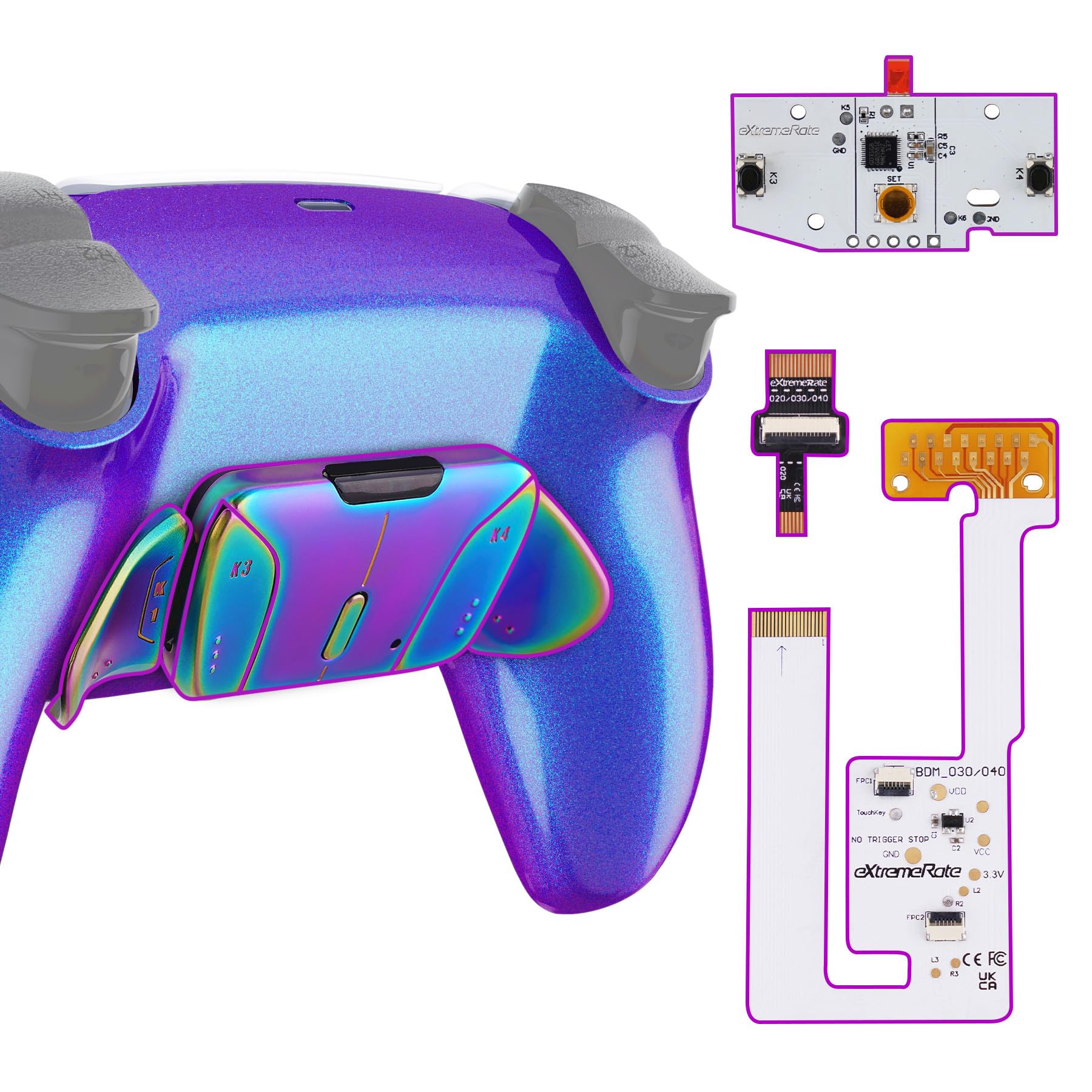 【送料無料】ps5コントローラー（BDM-030&BDM-040&BDM-050）に対応用金属バージョンRISE4 V3背面リマップキット(RMB)、ps5コントローラー用アップグレードボード＆バックシェルラバーグリップ付き＆4バックボタン【メタリックグリーンブルーパープル