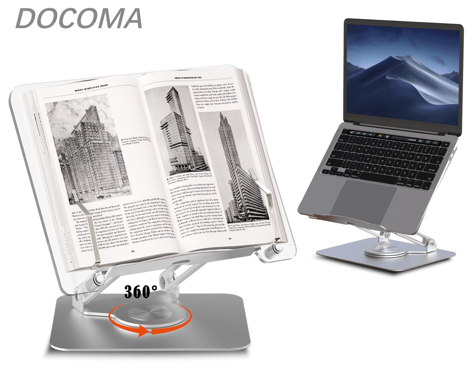 乐天商城 - 【送料無料】書見台 アルミ合金 アクリル 透明 ブックホルダー データホルダー タブレットスタンド折りたたみ 高さ/角度調節 シルバー 高級 丈夫 耐荷重4KG (回転式)