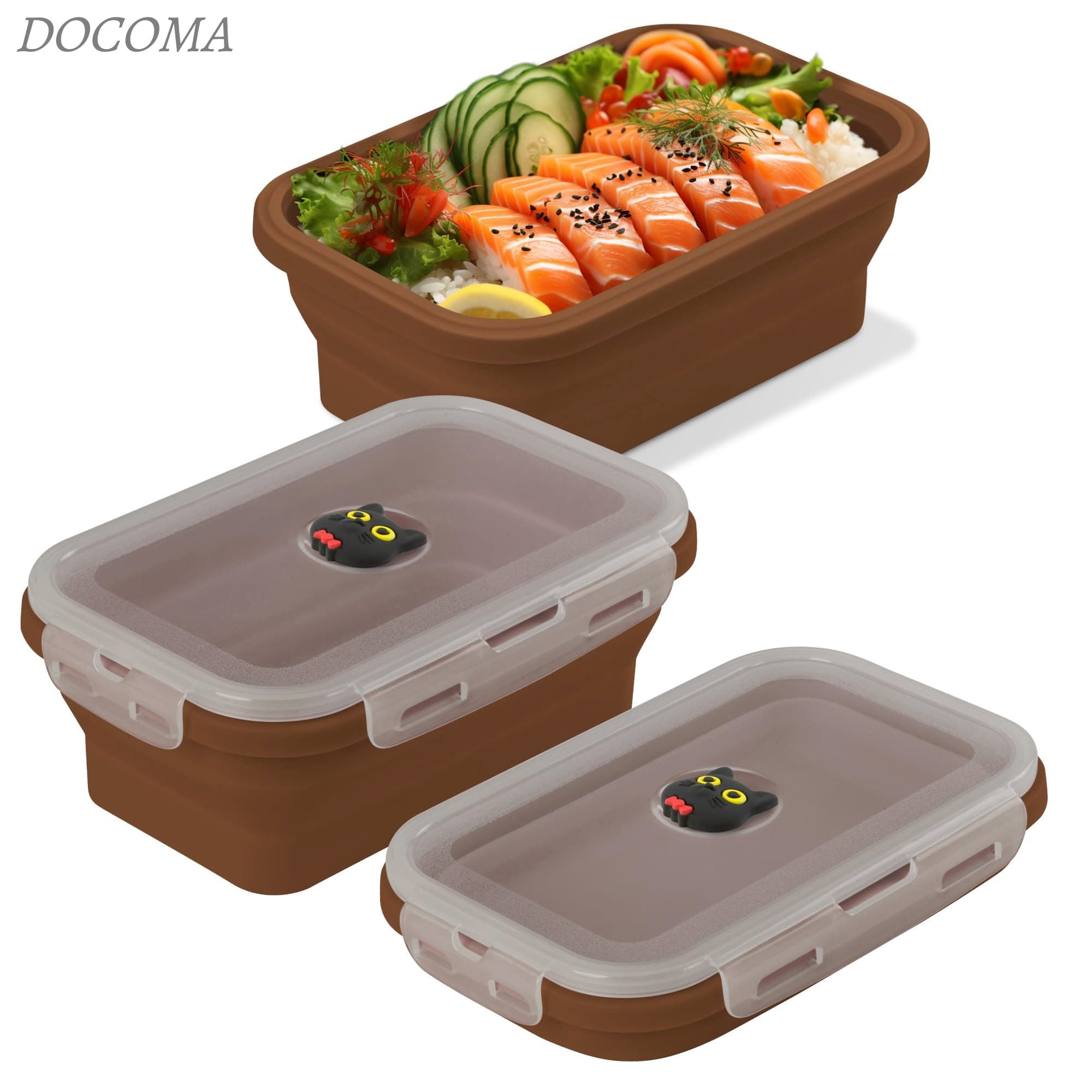 乐天商城 - 【送料無料】BONE 弁当箱 折りたたみ式 シリコン 汁漏れ防止 こぼれない 密閉 ランチボックス 洗いやすい レンジ対応 冷凍庫 食洗機対応 食品保存容器 キャラクター 大容量 (ブラウン_1200ml_ミャオキャット)