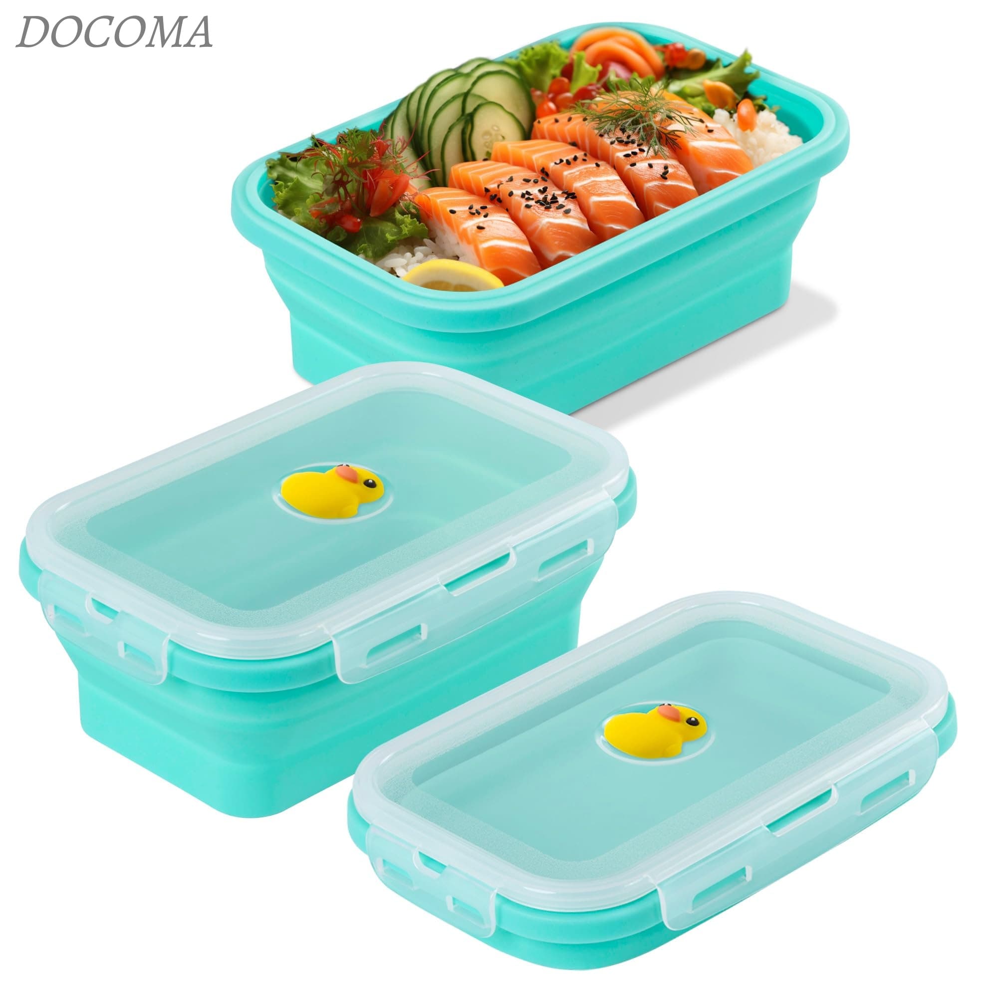 乐天商城 - 【送料無料】BONE 弁当箱 折りたたみ式 シリコン 汁漏れ防止 こぼれない 密閉 ランチボックス 洗いやすい レンジ対応 冷凍庫 食洗機対応 食品保存容器 キャラクター 大容量 (水色_800ml_パティーダック)