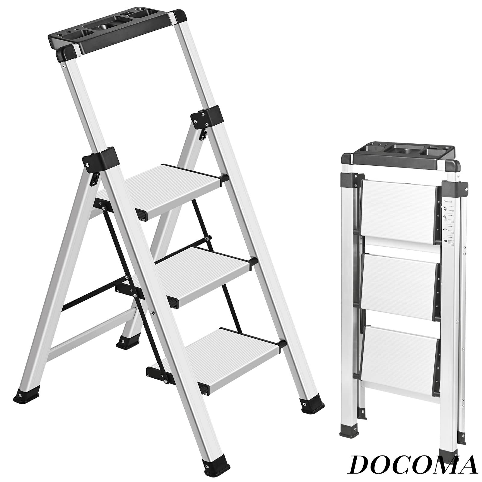 【まとめ買いで最大500円OFFクーポン!】【送料無料】脚立 3段 おしゃれ 踏み台 折りたたみ アルミ ふみだい 軽量 コンパクト はしご 耐荷重150KG トレー付き 洗車 室内 引っ越し 大掃除 (シルバー 3段)
