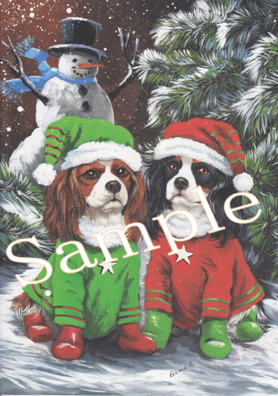 キャバリア クリスマスカード。 愛犬家の方へのプレゼントに添えていただくのに最適です。 額などに入れていただくと、素敵なインテリアとしてお楽しみいただけます。 カードメッセージ "Best Wishes for a joyful Holiday Season! 題名　　Cavalier King Charles Spaniel Snowman サイズ 　　縦17.8センチ×横12.5センチ 内容量 　　カード1枚・封筒1枚 生産国 　　アメリカ アーティスト 　アメリカ画家 Suzanne Renaud氏 注意事項 ※モニターにより、色の見え方が実際の商品と異なることがございます キャバリアグッズはこちらから