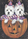 ウエスト・ハイランド・ホワイト・テリア ハロウィンカード。 愛犬家の方へのプレゼントに添えていただくのに最適です。 額などに入れていただくと、素敵なインテリアとしてお楽しみいただけます。 カードメッセージ "Happy Boo Hoo Halloween!" 題名　　 West Highland Terrier Halloween サイズ 　　縦17.8センチ×横12.5センチ 内容量 　　カード1枚・封筒1枚 生産国 　　アメリカ アーティスト 　アメリカ画家 Suzanne Renaud氏 注意事項 ※モニターにより、色の見え方が実際の商品と異なることがございます ウエスティグッズはこちらから
