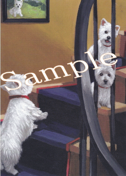 ウエスティ グリーティングカード。 愛犬家の方へのプレゼントに添えていただくのに最適です。 額などに入れていただくと、素敵なインテリアとしてお楽しみいただけます。 題名　　West Highland Terrier Going Up サイズ 　　縦17.8センチ×横12.5センチ 内容量 　　カード1枚・封筒1枚 生産国 　　アメリカ アーティスト 　アメリカ画家 Suzanne Renaud氏 注意事項 ※モニターにより、色の見え方が実際の商品と異なることがございます ウエスティグッズはこちらから