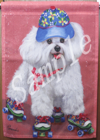 在庫限り　ガーデンフラッグ【ビション・フリーゼ　ローラースケート】輸入雑貨　犬雑貨　犬グッズ