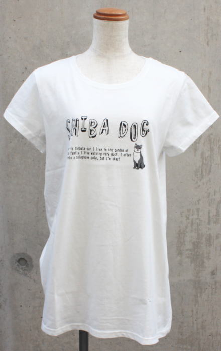 【在庫限り】レディースTシャツ(ロングサイズ)　えいごでしばたさん　ホワイト【犬雑貨・犬グッズ・柴犬】