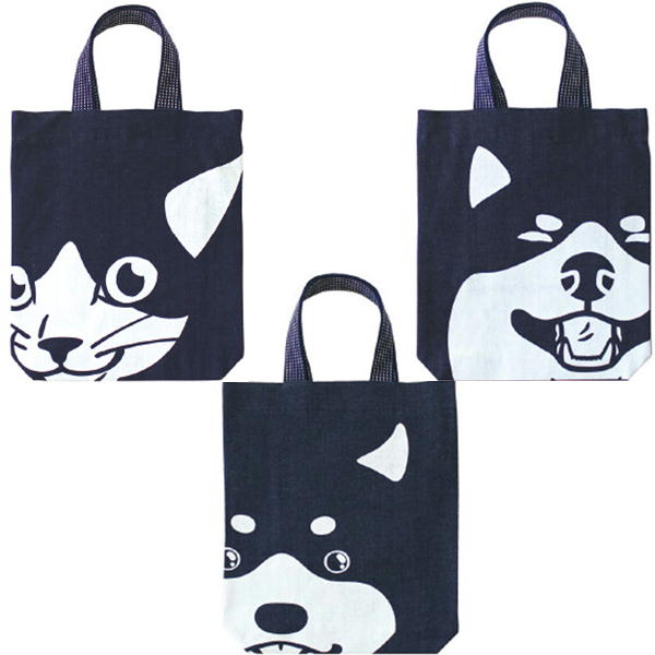 デカ顔　インディゴマチ付バッグ【犬雑貨・犬グッズ・柴犬・黒柴・猫・ネコグッズ】