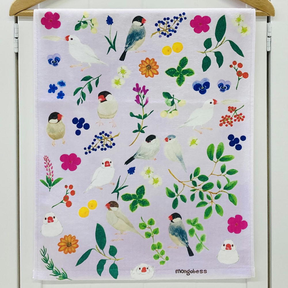 ☆フェイスタオル☆ボタニカル文鳥　ことりタオル【鳥雑貨・ことりグッズ・文鳥】