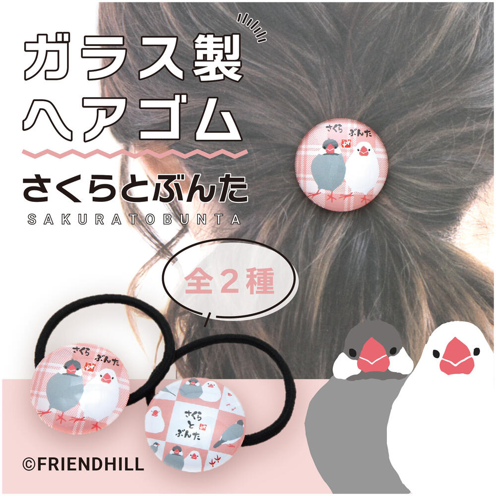 在庫限り　さくらとぶんた　ガラスヘアゴム 【鳥雑貨・トリグッズ・とり・文鳥】