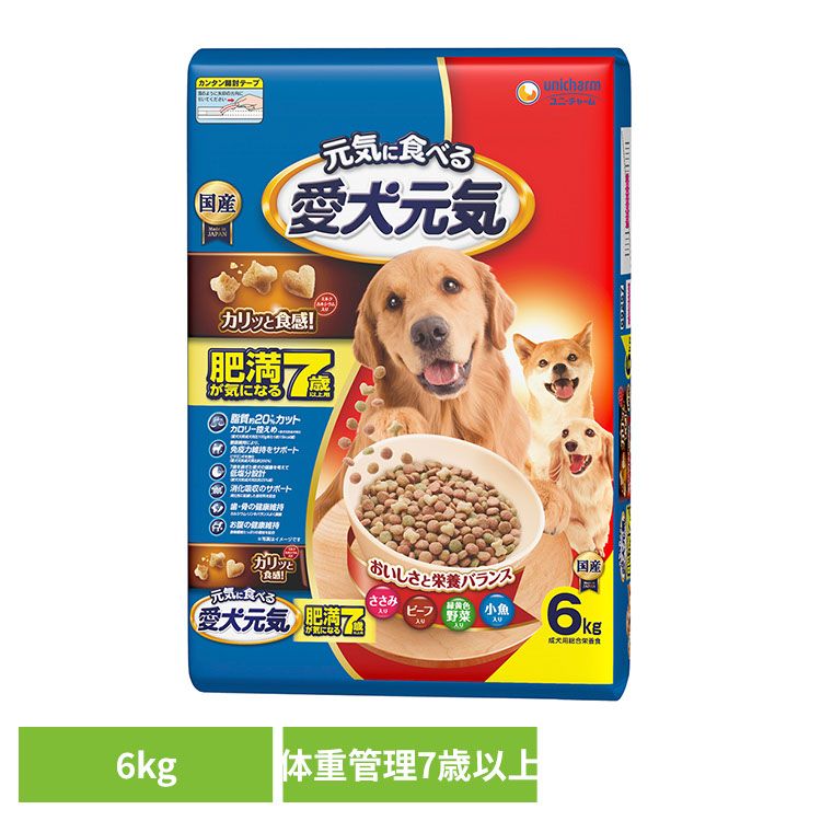 【最大400円クーポン！ワンにゃんデイ】ドッグフード 愛犬元気 犬 愛犬元気 肥満が気になる7歳以上用ささみ・ビーフ・緑黄色野菜・小魚入り 6kg