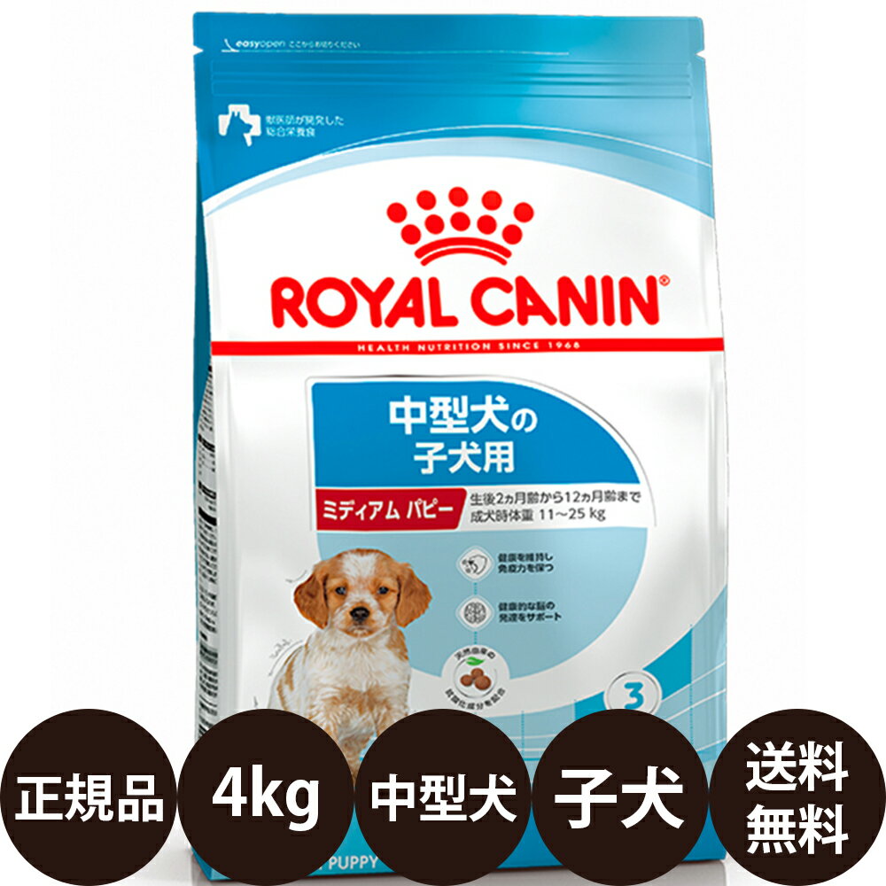 【賞味期限:2025/7/17】 あす楽 正規品 送料無料 ロイヤルカナン ミディアムパピー 4kg ROYAL CANIN ロイヤルかなん SHN サイズ ヘルス ニュートリション 犬 犬用 子犬用 MEDIUM ドライフード 中型犬の子犬用 12ヵ月齢まで ミディアムジュニア