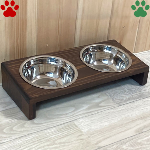 【17】 ペット用 食器＆食器スタンド セット ダブル Sサイズ ブラウン超小型犬 猫 フードボウル ボウル 食器台 フード入れ 水入れ 水飲み 皿 ステンレス製 木製 ペット食卓ラック シンプル お…