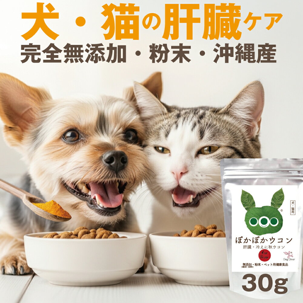 【犬 猫 肝臓 冷えサプリ】ぽかぽかウコン 30g ドッグダイナー 沖縄産 秋ウコン100% クルクミン オルニチン 無添加 オーガニック 国産 粉末 ふりかけ シニア 老犬 高齢猫 肝機能