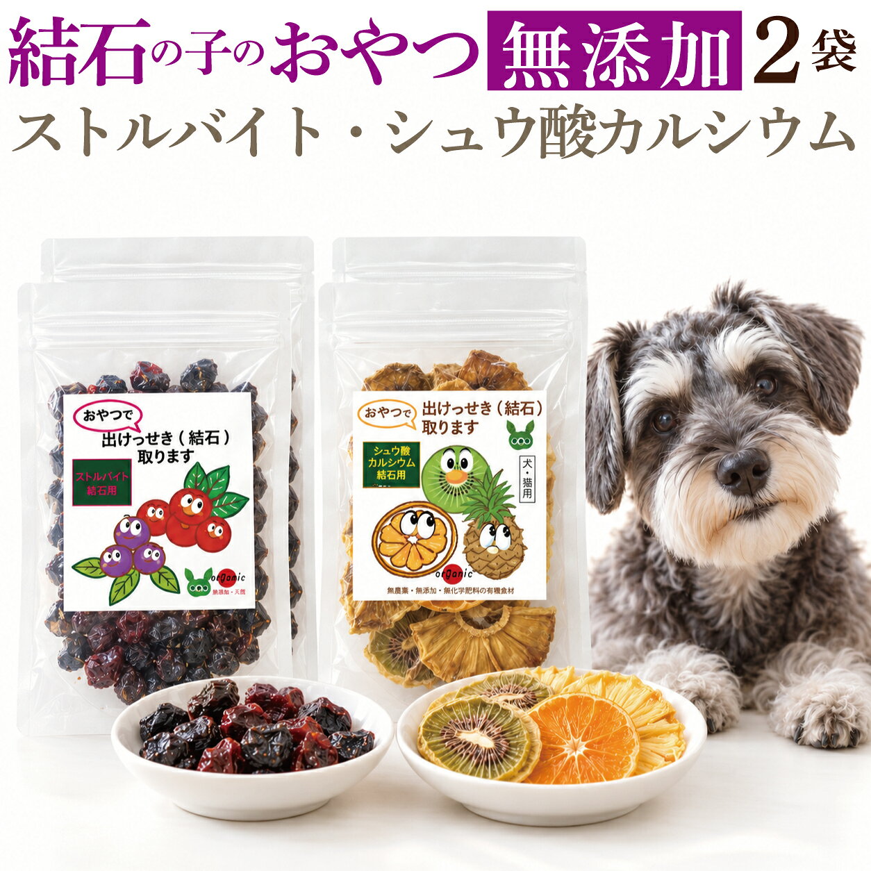 【ストルバイト・シュウ酸カルシウム結石】犬 結石 おやつ 無添加 おやつで出けっせき(結石)取ります 2袋セット ドライフルーツ 砂糖不使用 尿路結石 膀胱結石 尿石 腎臓ケア 尿pHバランス調整 ごほうび しつけ サプリのようなオヤツで尿路の健康をサポート