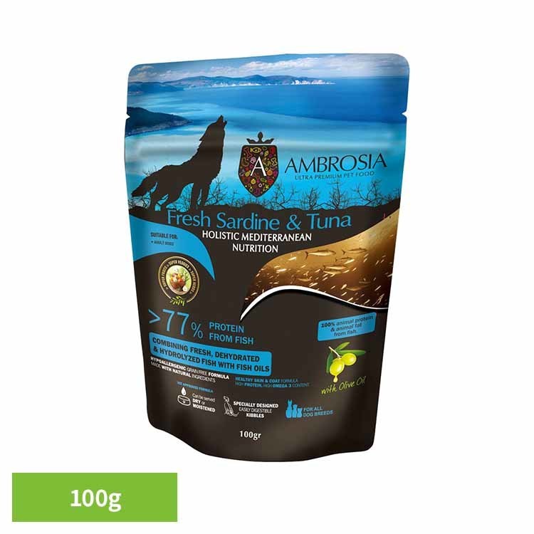 Rakuten - アンブロシア HMNサーディン＆ツナ100g 521200100魚 マグロ イワシ グレインフリー 高たんぱく 成犬 ナチュラル 小粒 アレルギー 皮膚 【B】