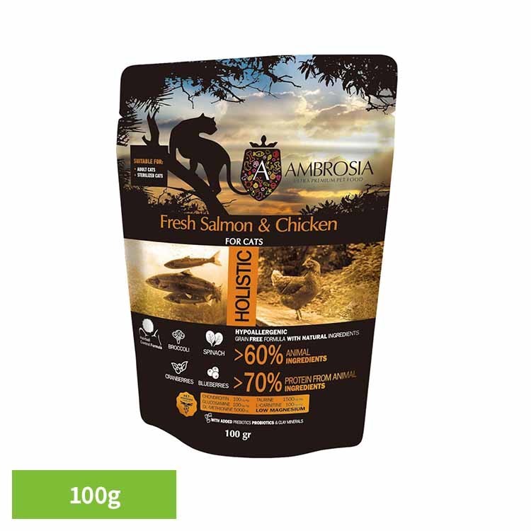 Rakuten - アンブロシア キャットサーモン＆チキン100g 522110100サーモン チキン 高たんぱく グレインフリー 超小粒 泌尿器 ブルーベリー クランベリー 関節 グルコサミン 【B】