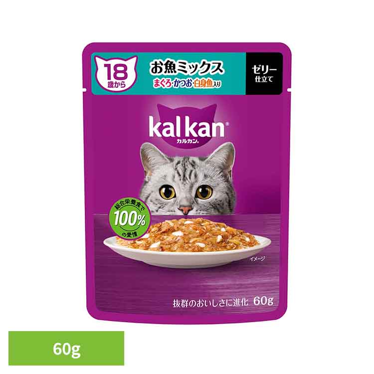 Rakuten - キャットフード カルカン パウチ 18歳から お魚ミックス まぐろ・かつお・白身魚入り やわらかゼリー仕立て 60g シニア猫用 総合栄養食 高齢猫 小さめ フレーク ウェットフード パウチタイプ 猫フード マースジャパン 猫ご飯 *