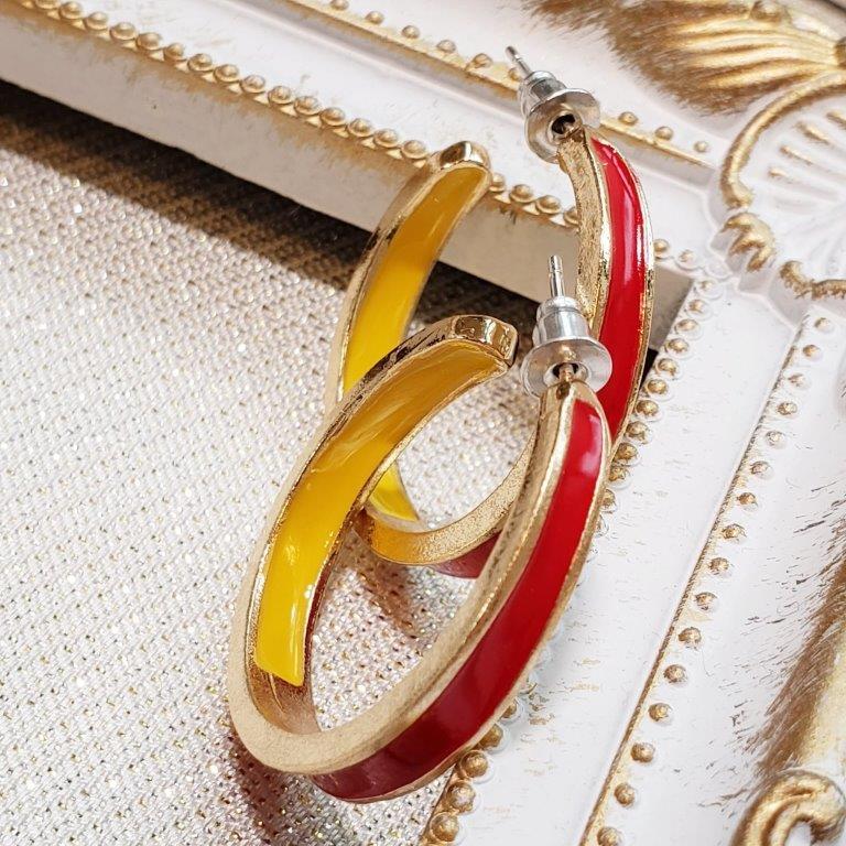 【道後雑貨店】1ペア ☆Cリングピアス　ゴールドxイエローxレッド☆