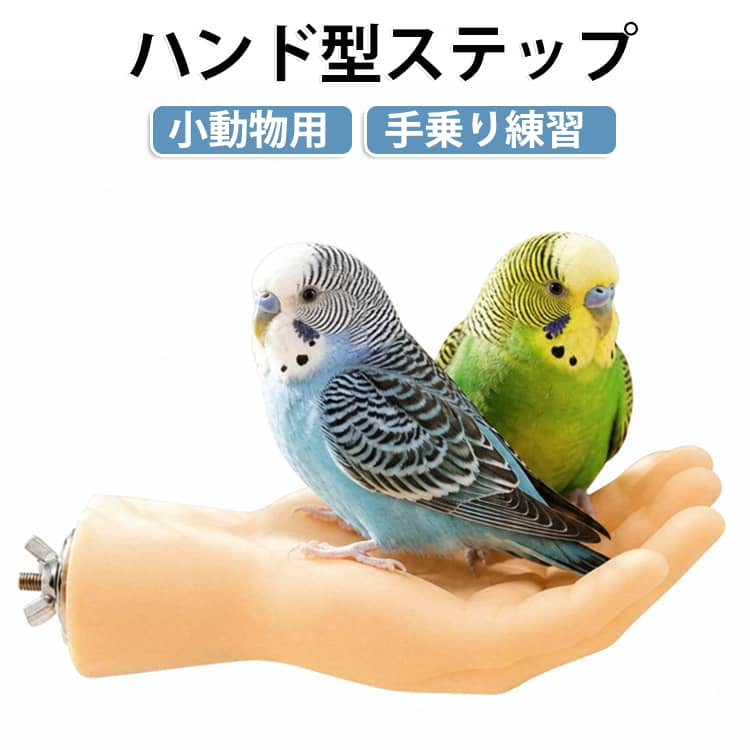 人の手をイメージした立体フォルムのハンド型トレーニングステップ。小鳥や小動物の手乗り練習や日常のコミュニケーションをサポートします。ケージ内に設置することで、手に慣れていないペットが少しずつ乗る練習をする補助用品として使用できます。手のひら部分にはおやつを置いて誘導することもでき、ペットのペースに合わせたトレーニングに活用できます。また、ケージ内の止まり場や休憩スペースとしても使用可能です。 ・【手乗り練習をサポート】人の手をイメージした形状で、手に慣れていない小鳥や小動物が乗る練習をする補助アイテムです。・【おやつで自然に誘導】手のひら部分におやつを置くことで、ペットが自分から近づくきっかけを作れます。・【ケージ内の足場として活躍】トレーニングだけでなく、止まり場や休憩スペースとしても使用できます。・【固定式で使いやすい】ケージのワイヤー部分に固定して使用でき、手で持ち続ける必要がありません。・【リアルな立体デザイン】PETG素材を使用し、人の手のひらや指をイメージした立体的な形状に仕上げています。 サイズ 在庫 サイズについての説明 用途：手乗り練習 / おやつ誘導 / ケージ内ステップ / 止まり場 / 休憩スペースなど 素材 PETG 色 ケージ固定式ハンド型 備考 ●サイズ詳細等の測り方はスタッフ間で統一、徹底はしておりますが、実寸は商品によって若干の誤差(1cm～3cm )がある場合がございますので、予めご了承ください。 ●製造ロットにより、細部形状の違いや、同色でも色味に多少の誤差が生じます。 ●パッケージは改良のため予告なく仕様を変更する場合があります。 ▼商品の色は、撮影時の光や、お客様のモニターの色具合などにより、実際の商品と異なる場合がございます。あらかじめ、ご了承ください。 ▼生地の特性上、やや匂いが強く感じられるものもございます。数日のご使用や陰干しなどで気になる匂いはほとんど感じられなくなります。 ▼同じ商品でも生産時期により形やサイズ、カラーに多少の誤差が生じる場合もございます。 ▼他店舗でも在庫を共有して販売をしている為、受注後欠品となる場合もございます。予め、ご了承お願い申し上げます。 ▼出荷前に全て検品を行っておりますが、万が一商品に不具合があった場合は、お問い合わせフォームまたはメールよりご連絡頂けます様お願い申し上げます。速やかに対応致しますのでご安心ください。