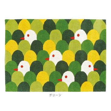 日本製 ラグ 北欧 こっくりとした色合いの森の中にかわいい鳥がデザインされたおしゃれなアクセントラグ 長方形 【 moritori 140×200cm 】 プレーベル ラグ ホットカーペット対応 国産 ラグ ミワアカバネコレクション ラグ グリーン ブルー
