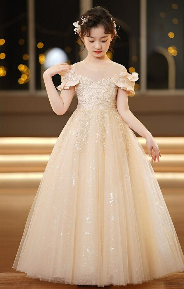 Rakuten - 【6/4日スーパーセール10%off】子供ドレス　ピアノ発表会ドレス　子供フォーマルドレス　フラワーガール　シャンパンゴールド　ホワイト　子供服　女の子ドレス　プリンセスドレス　コンクールドレス　お誕生会　結婚式ドレス　キッズドレス　ワンピース　ブルー110cm~160cm